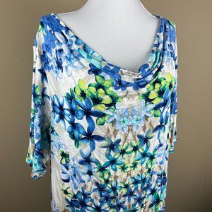CJ Banks Short Sleeve Blouse Plus Size X (14W) Blue Green, Floral Print